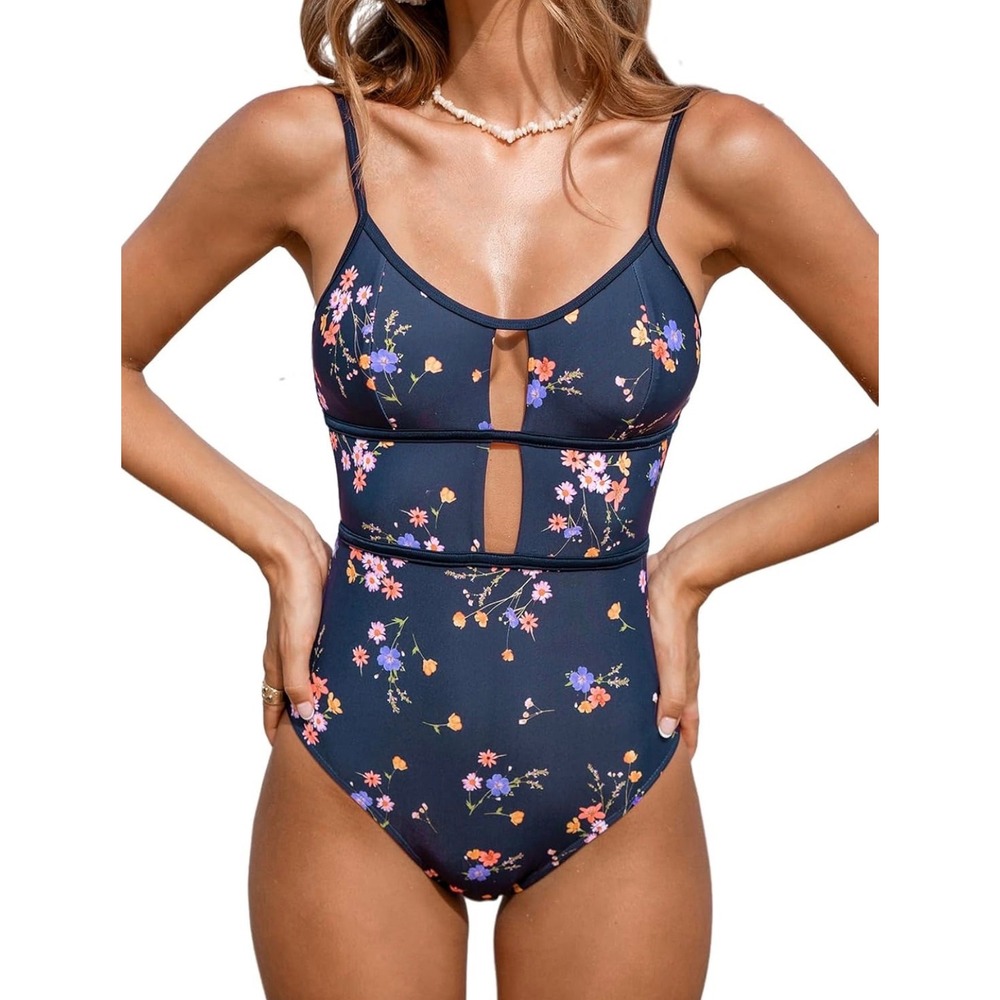 CUPHEE Navy Floral Cutout One Piece Swimsuit Tie Back Large